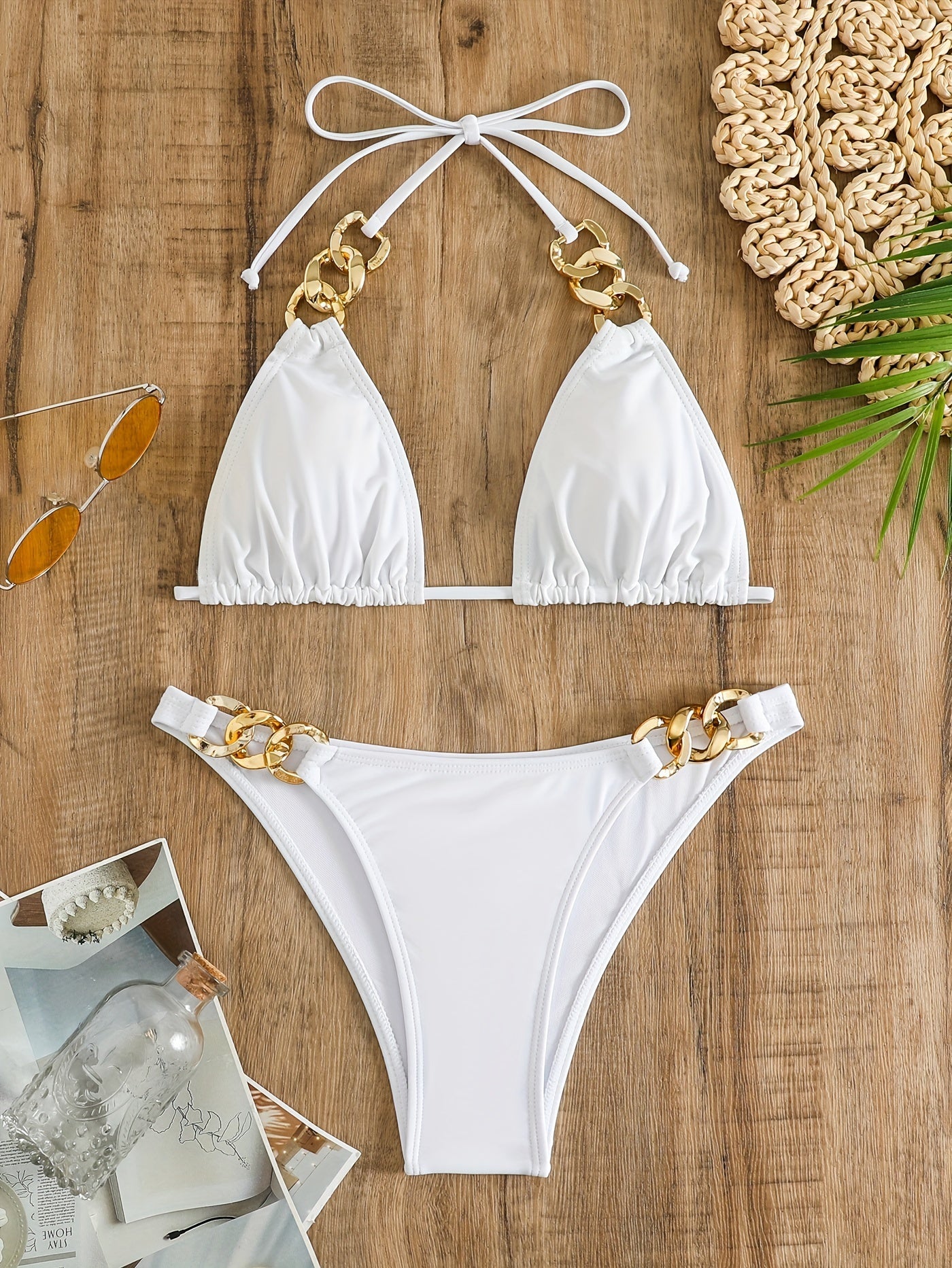 Stevvex Luxe Chain Link Triangle Halter Bikini Set with V neck, lace-up back, high stretch nylon, solid color, women's summer swimwear