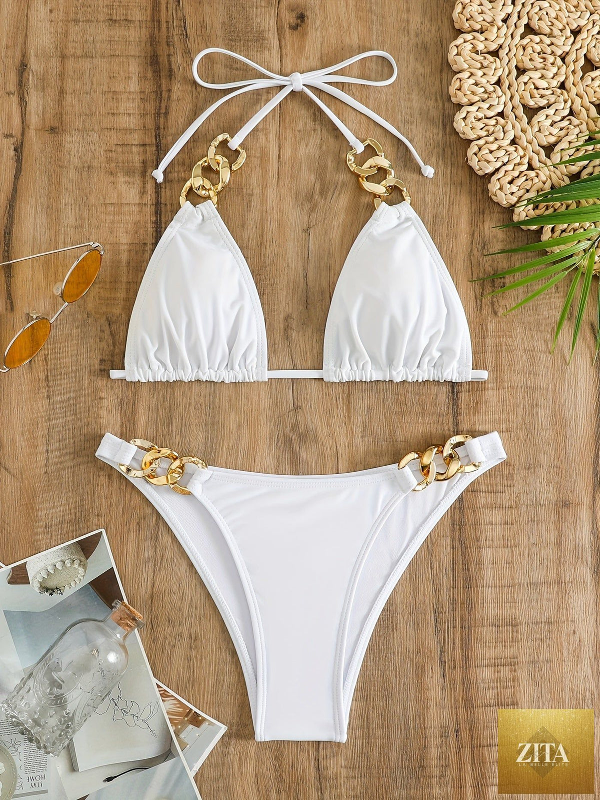 Stevvex luxe chain link triangle halter bikini set with V-neck, lace-up back, high stretch nylon, solid color, women's summer swimwear