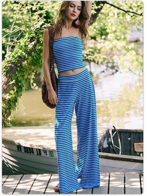 Women's striped tube top and matching pants set by FitiqueFit, casualwear, featuring a stylish modal fabric design.