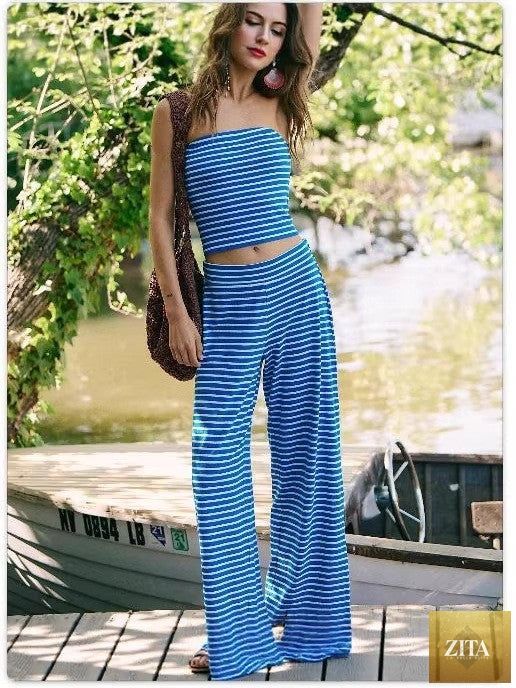 Zita La Belle Elite women's striped tube top and matching pants set, casualwear two-piece modal outfit, stylish and comfortable.