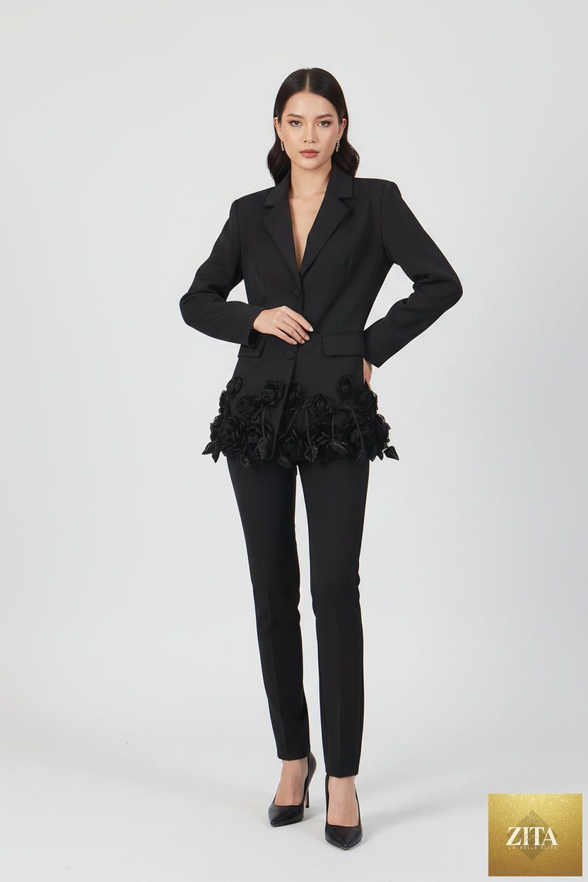 Women's elegant 3D floral loose-fit blazer by Zita La Belle Elite, showcasing regular length coat with detailed floral embroidery.