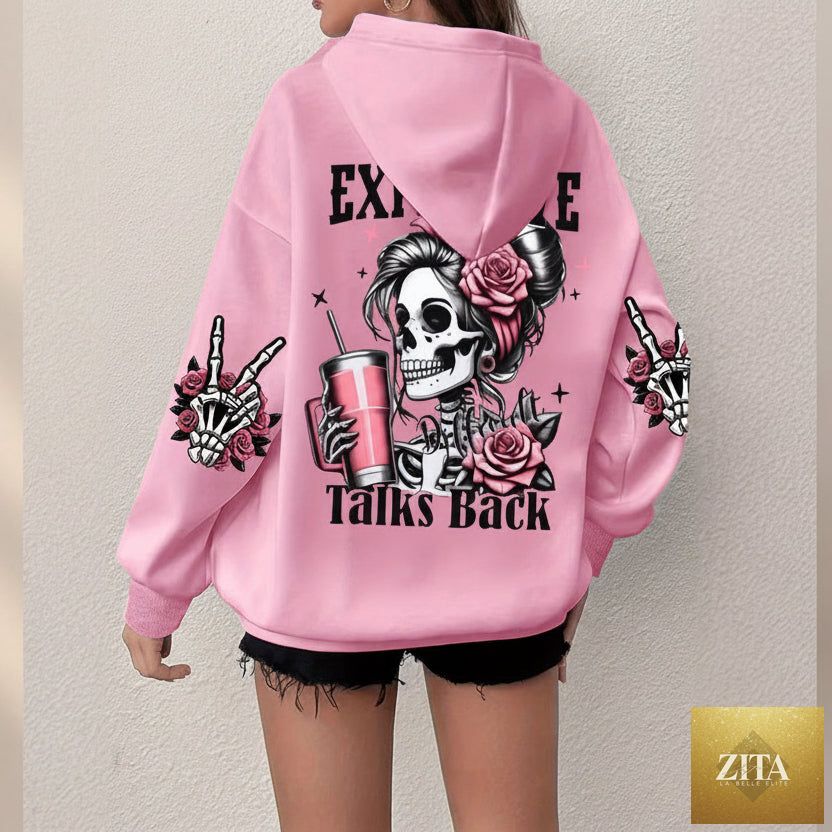 Women's Skull and Letter Print Long-Sleeve Hoodie from FitiqueFit featuring a stylish graphic design on soft fabric.