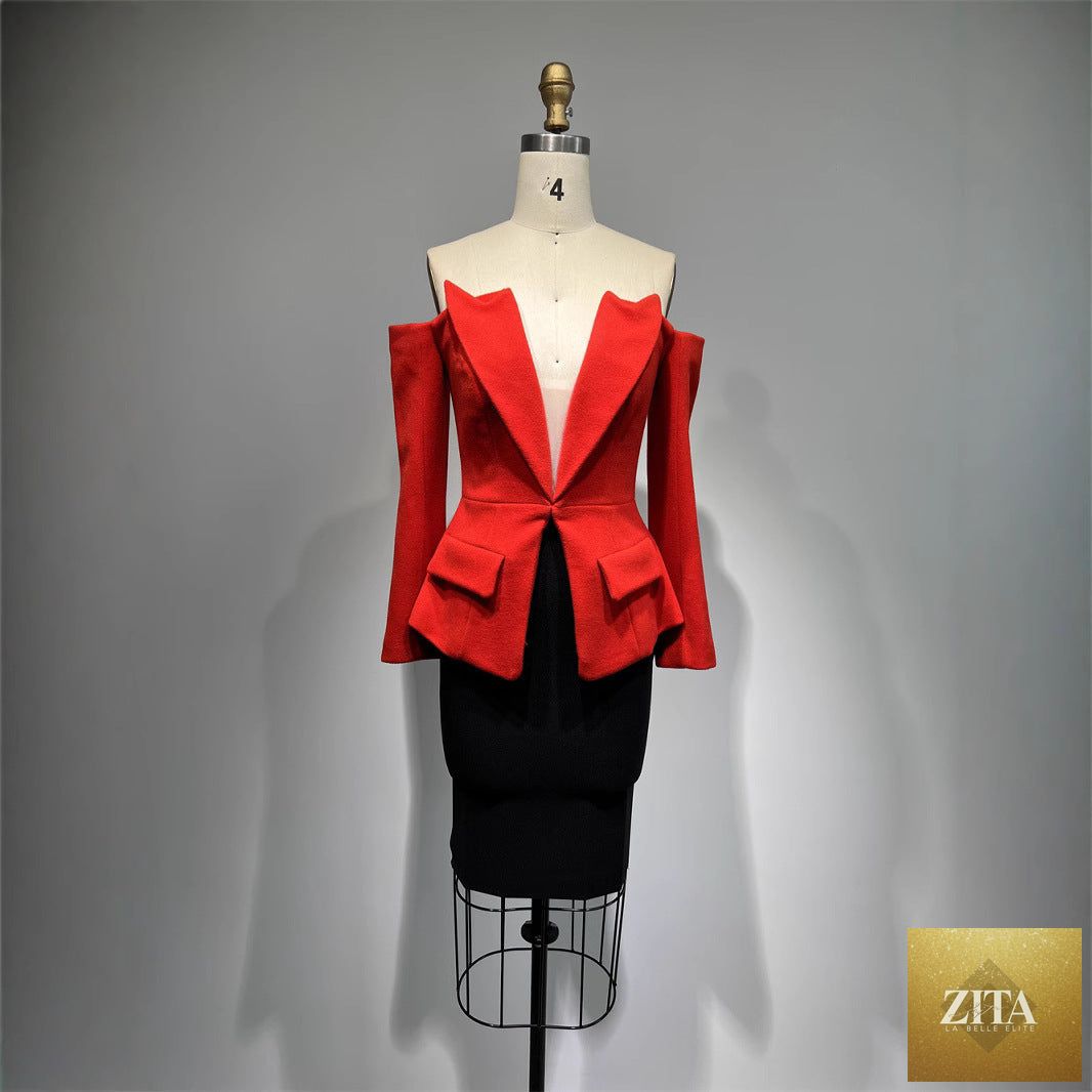 Zita La Belle Elite casual loose top and tight skirt 2-piece outfit, shown in a natural pose, size chart visible in the image.