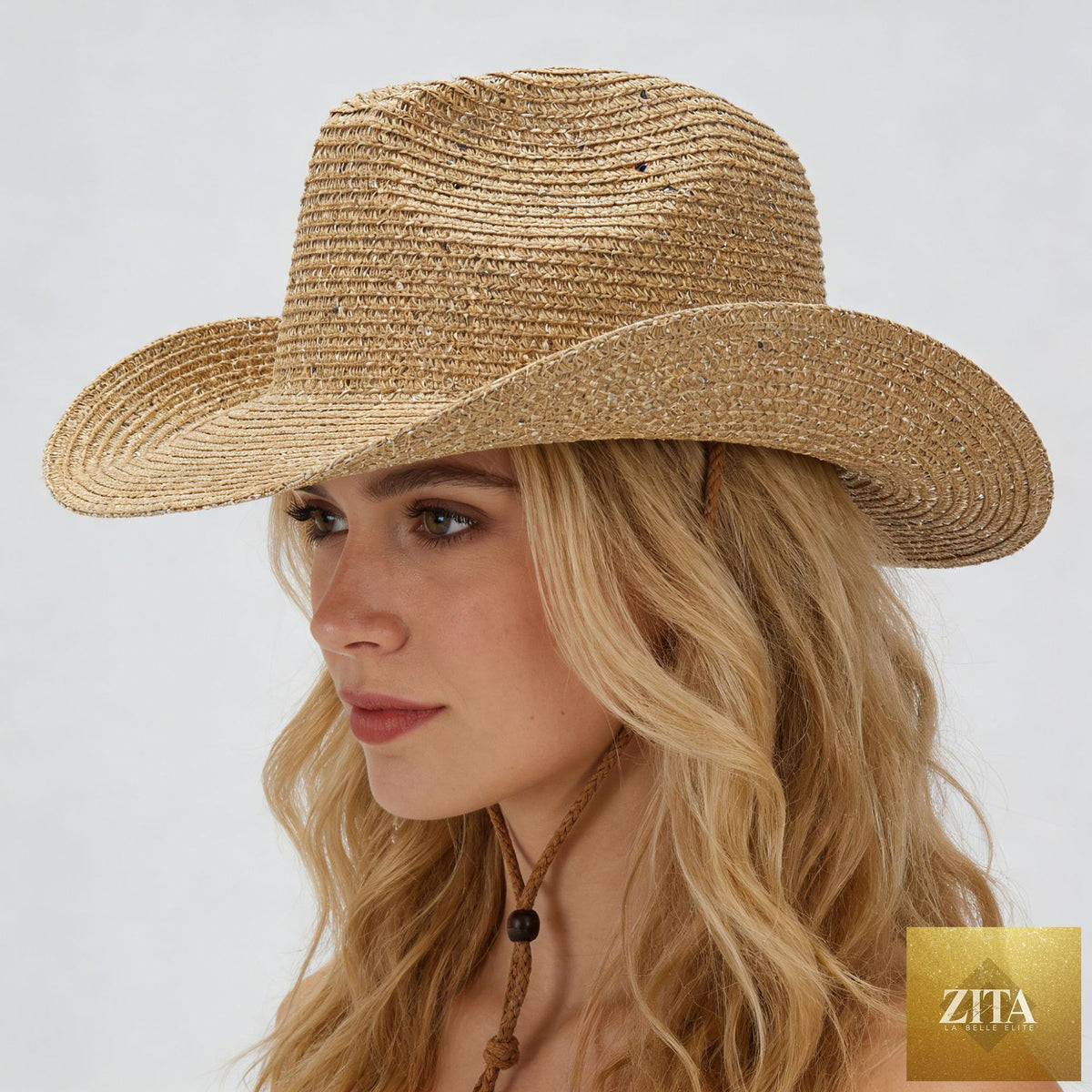 Women's Panama straw woven sun hat with windproof design and sequin details, by Zita La Belle Elite, ideal for beach and sunny days