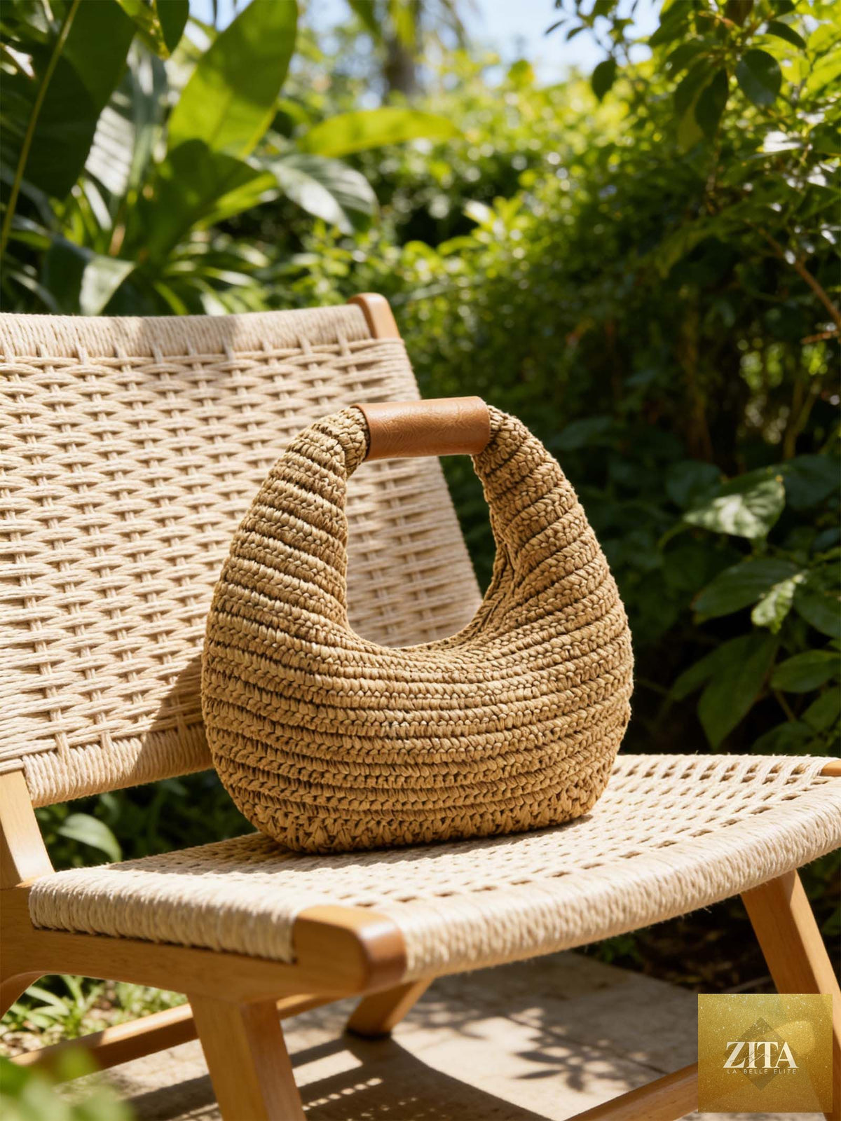 Round crochet woven straw tote bag by LINTICO with hand-held design, featuring a natural woven texture and circular shape.