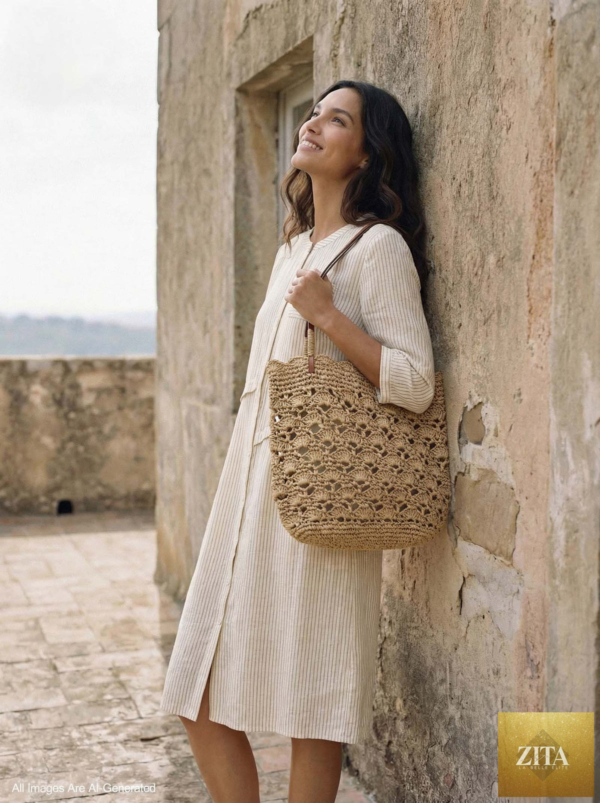LINTICO crochet woven fan-shape shoulder tote bag with beige and brown woven pattern and shoulder strap on white background.