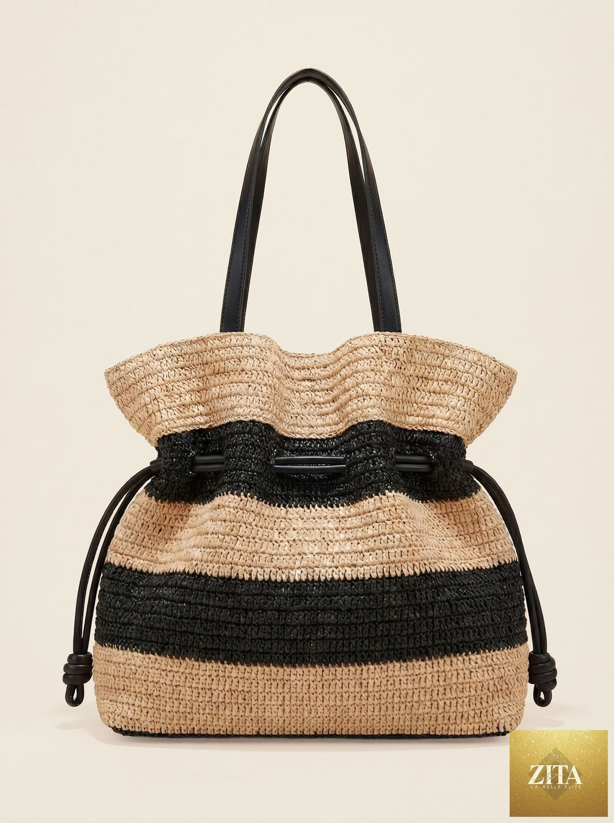 Crochet woven drawstring shoulder tote bag by LINTICO with natural fiber texture and spacious design for everyday use.