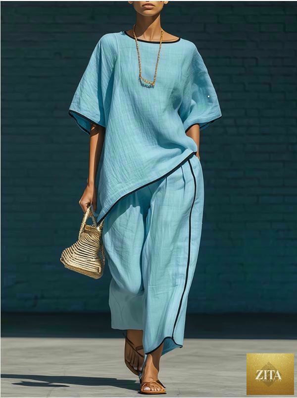 Women's casual resort loose short-sleeve top and matching pants set by Zita La Belle Elite, relaxed fit, comfortable leisure wear.