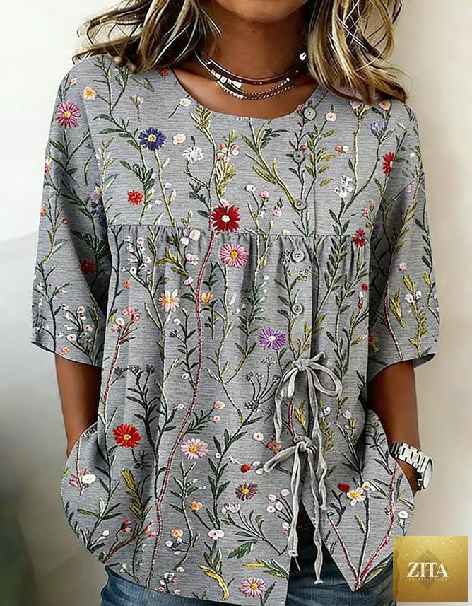 Women's floral 3D print pullover top from FitiqueFit, featuring a loose fit casualwear design with vibrant floral patterns.