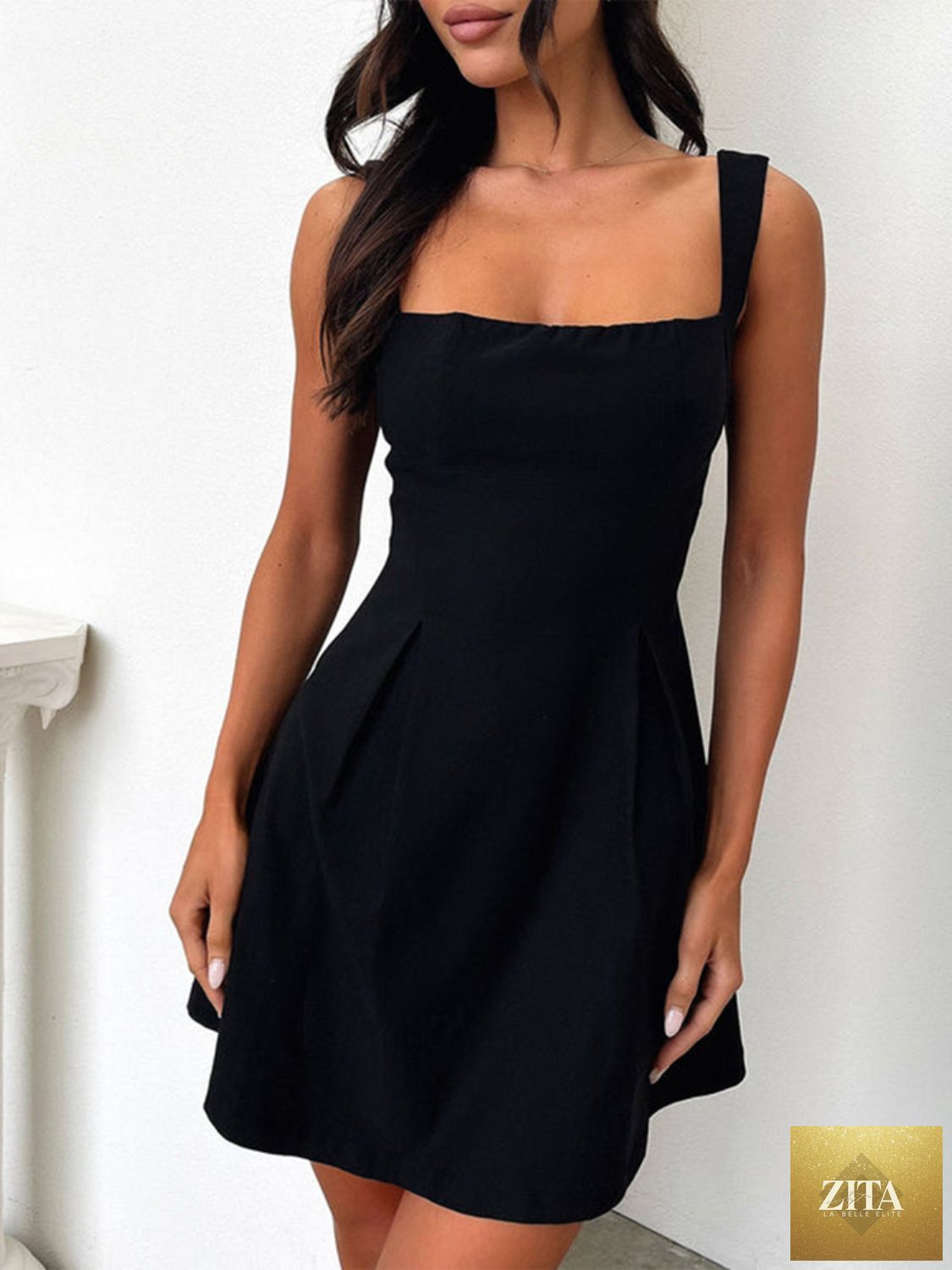 Dark blue Stevvex mini dress with bow back and square neckline, feminine and flattering for girls, perfect for stylish occasions.