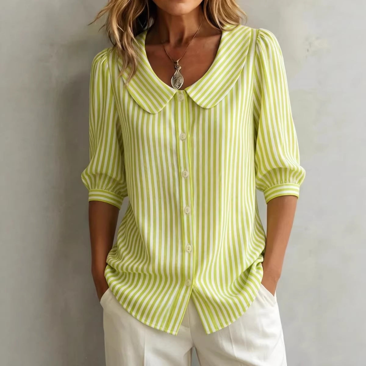 Striped V-neck top by FitiqueFit, casual three-quarter sleeve shirt with a relaxed fit and stylish horizontal stripe pattern.