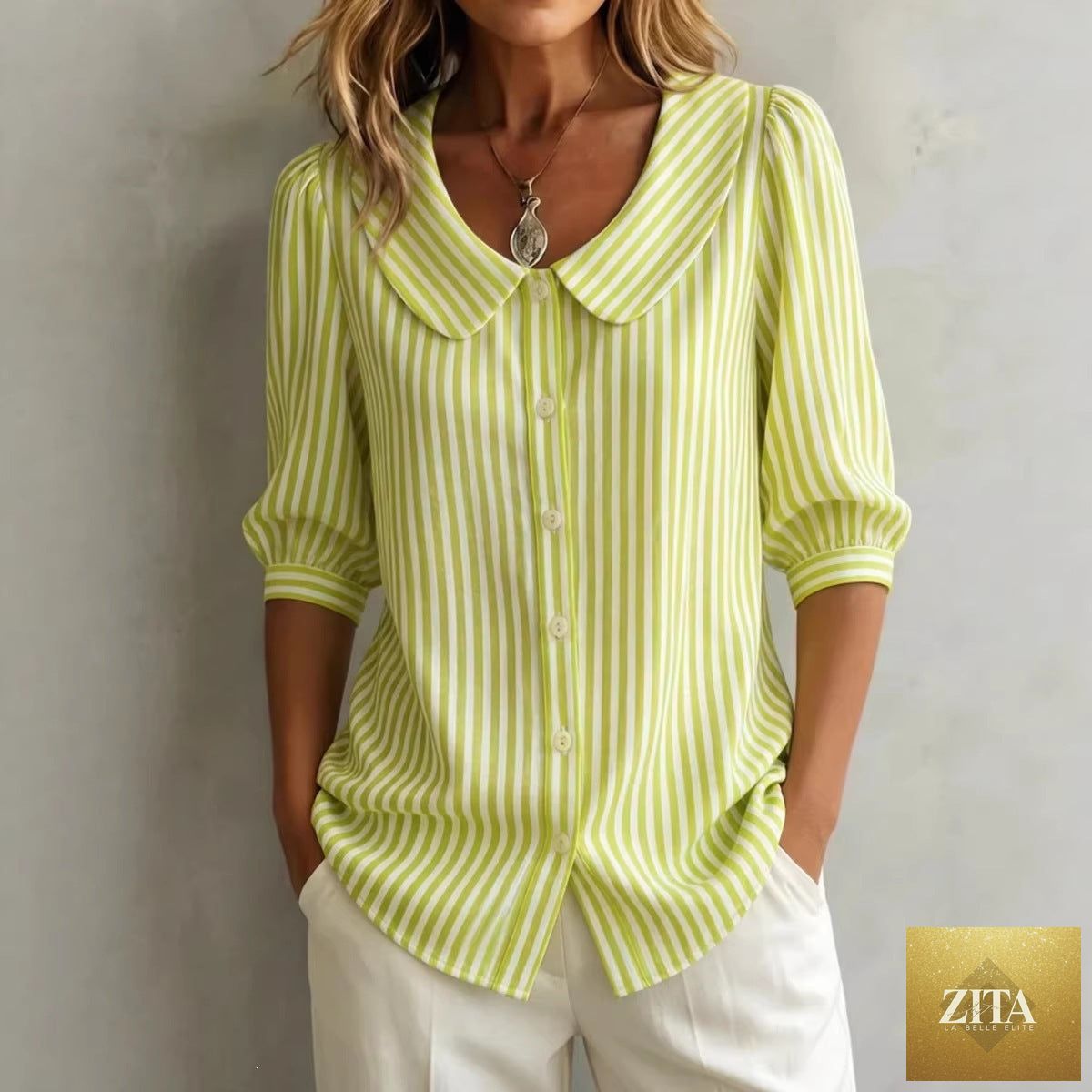Striped V-neck top by Zita La Belle Elite featuring three-quarter sleeves and a casual, stylish design.