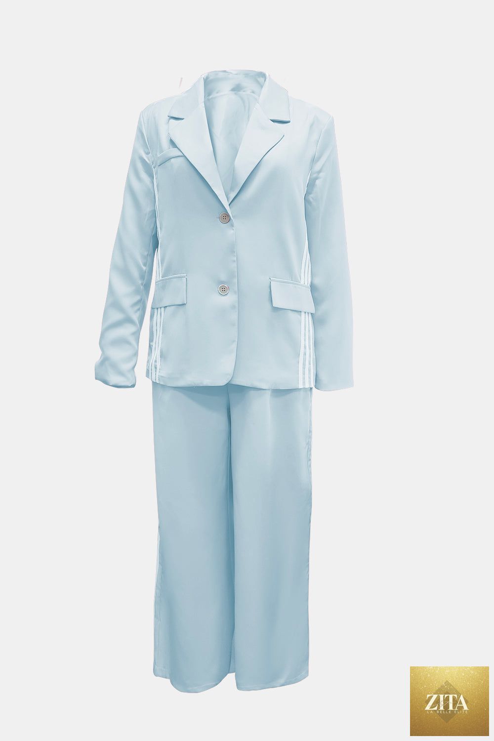 Wild and Free Boutique side striped long sleeve blazer and matching pants set, stylish jumpsuit with vertical stripe pattern.