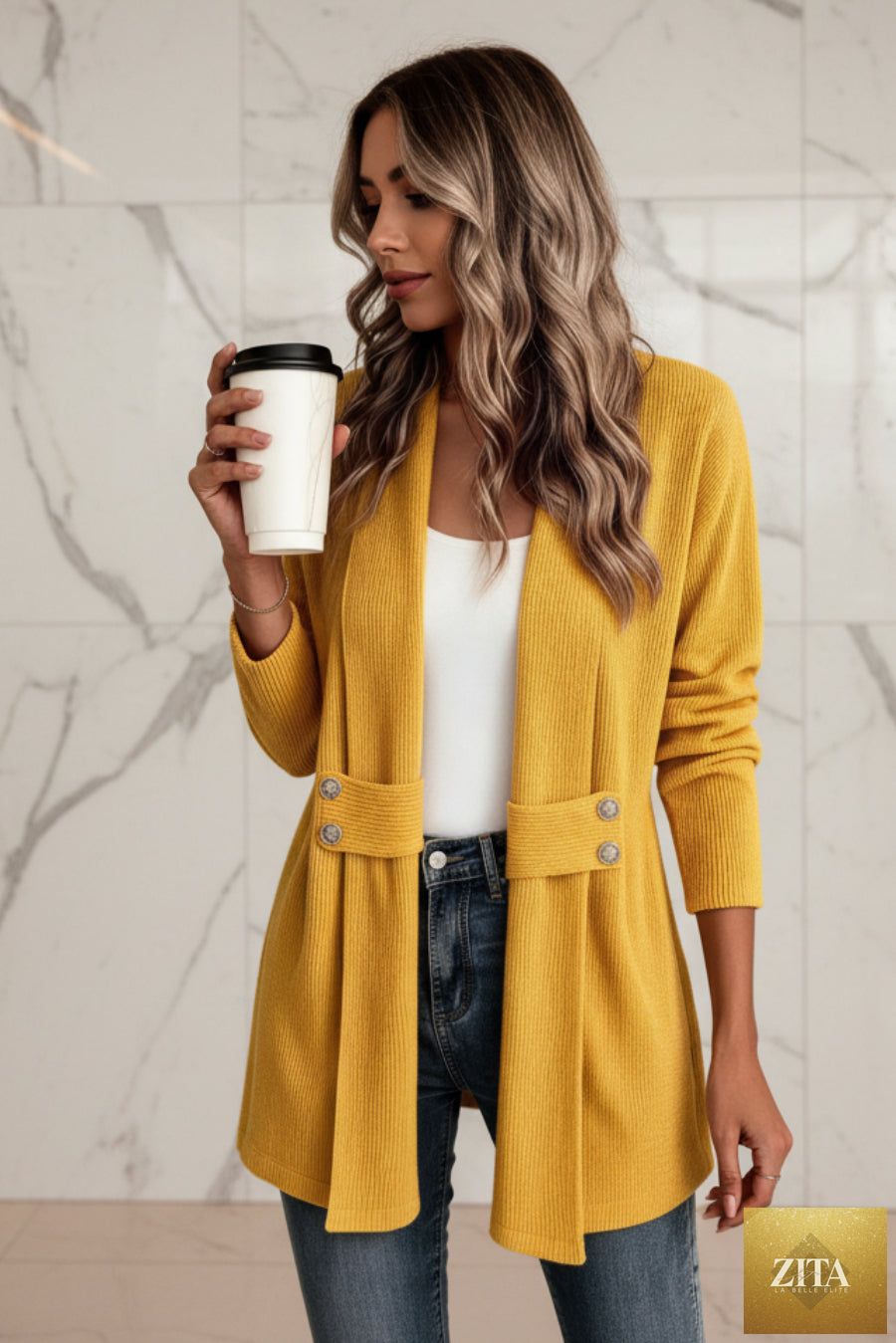 Women's knitted loose jacket by FitiqueFit, casual long sleeve jacket with a relaxed fit and versatile design, shown in neutral color.