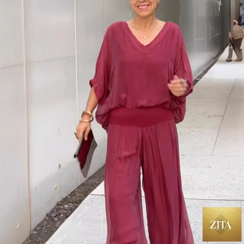 Zita La Belle Elite solid-color chiffon two-piece casualwear set in various colors, featuring a relaxed fit, available from size S to 5XL.