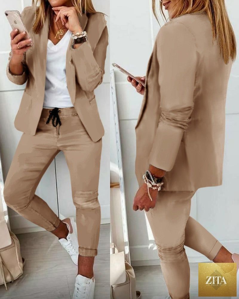 FitiqueFit lapel blazer and drawstring trousers two-piece suit, in XS-3XL, featuring a tailored blazer and casual trousers in a professional look.