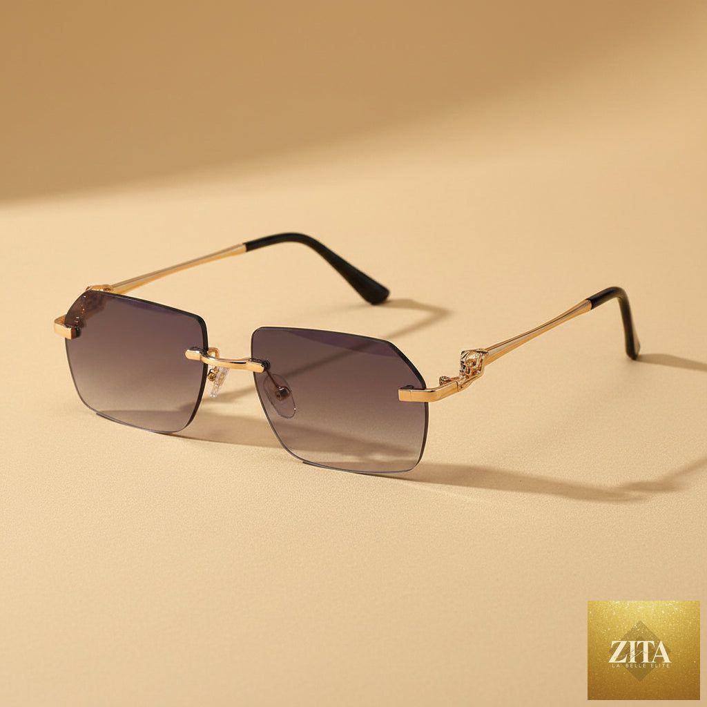 Gold frame cheetah rimless sunglasses by FitiqueFit, showcasing a bold, hip-hop style eye wear with leopard print accents.