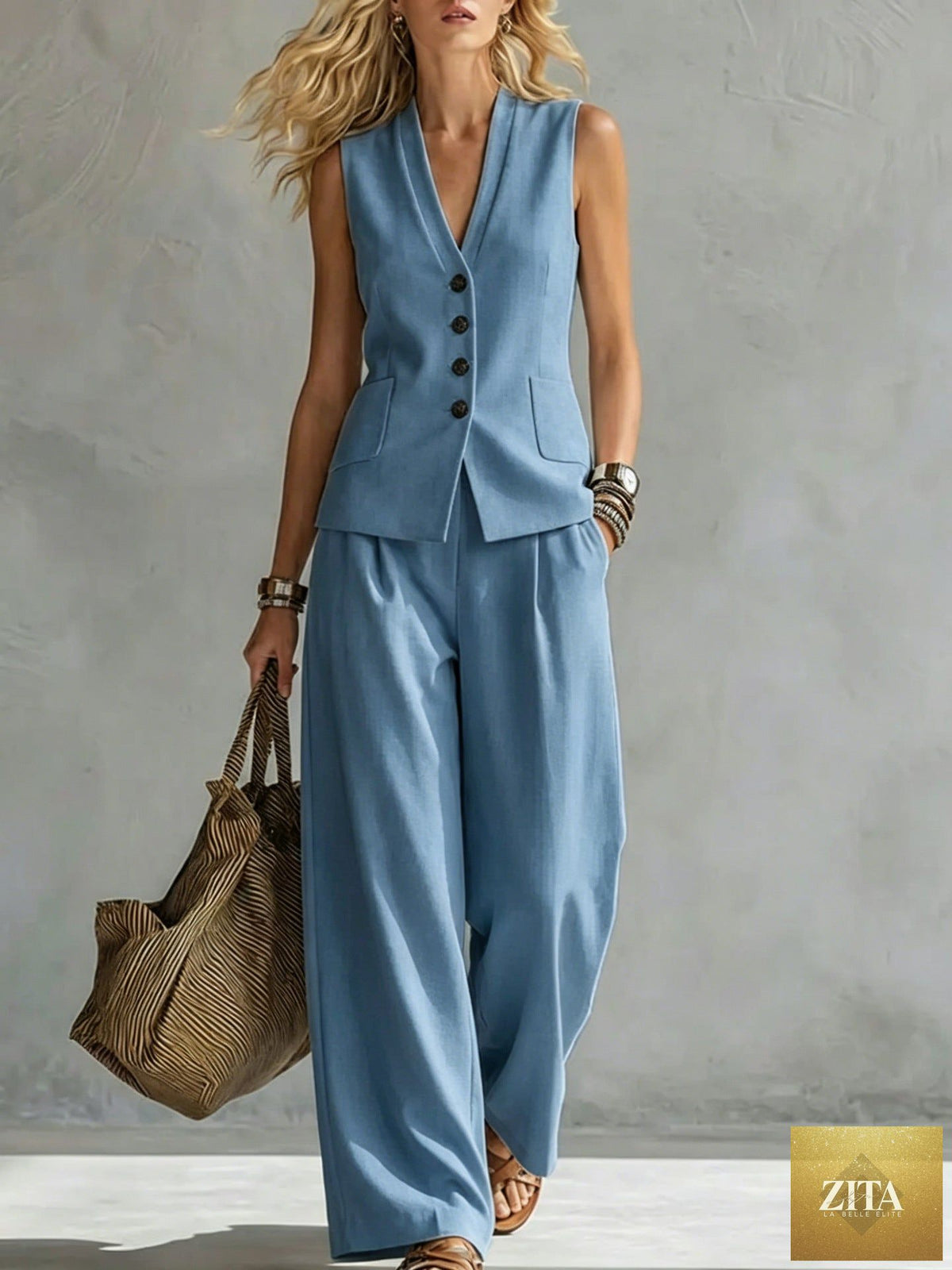 Women's solid linen sleeveless tank top and full-length pants set by Zita La Belle Elite, casualwear outfit in natural linen fabric.
