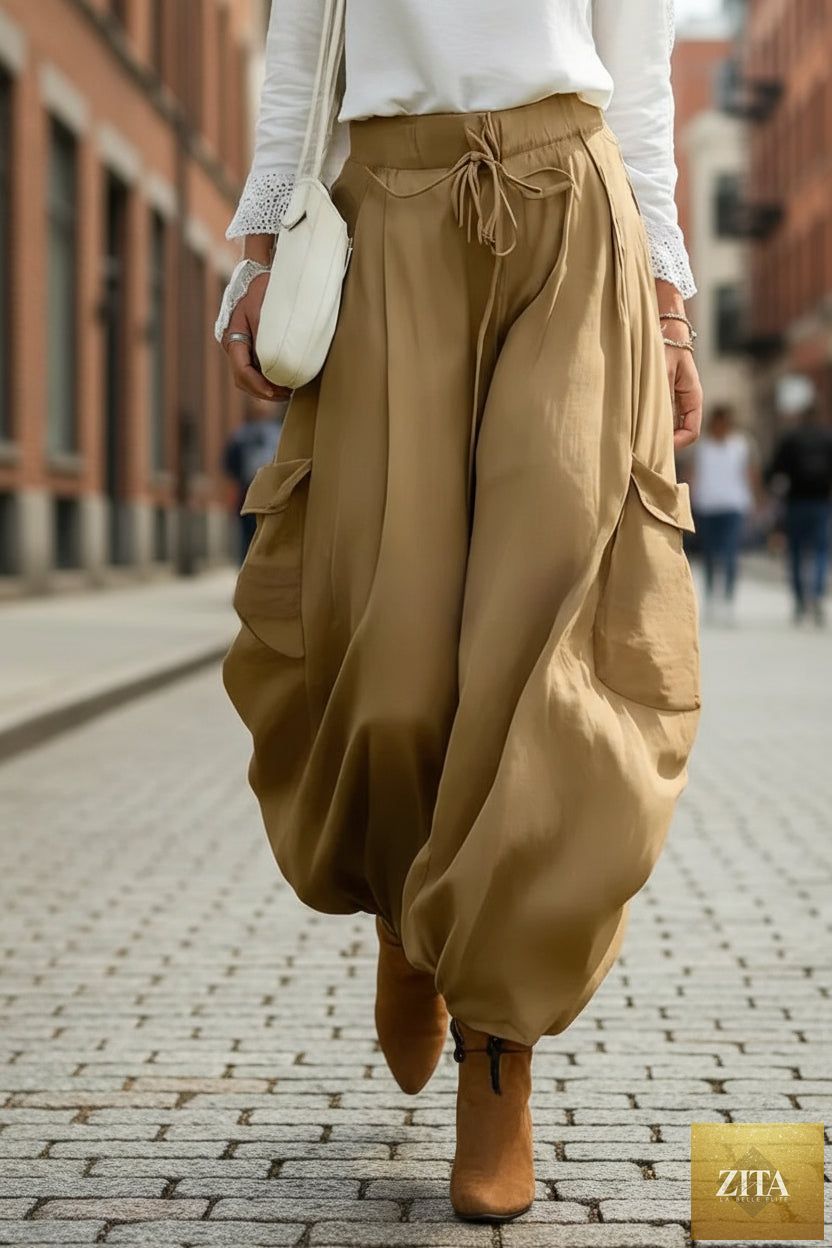 Zita La Belle Elite casual trousers with drawstring elastic waist, loose fit, available in five colors, shown on a model.