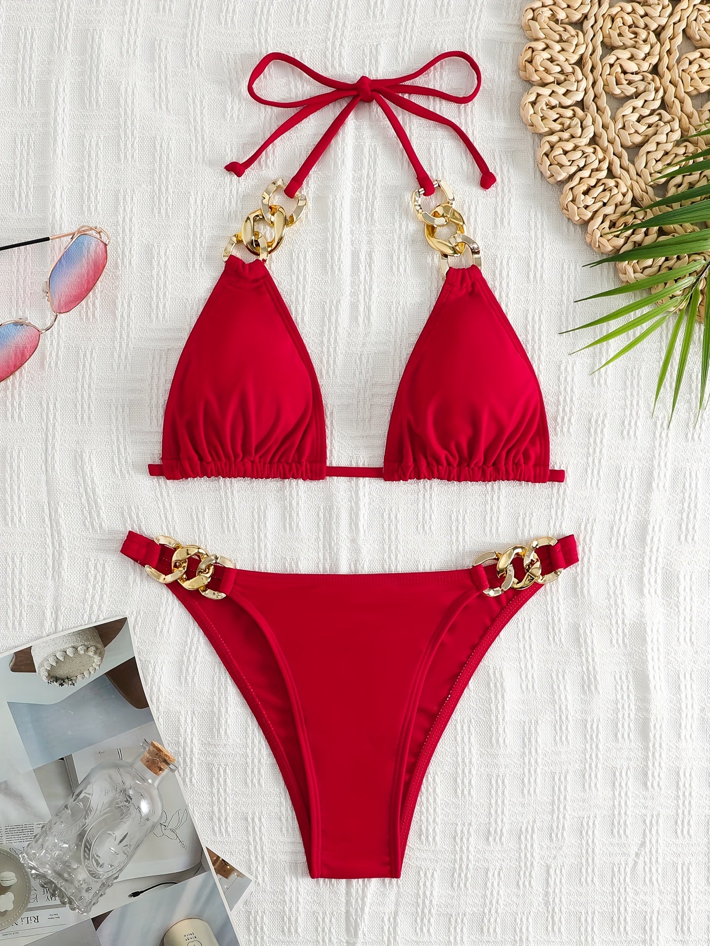 Stevvex Luxe Chain Link Triangle Halter Bikini Set with V-neck, lace-up back, solid color, high stretch nylon blend, women's summer swimwear