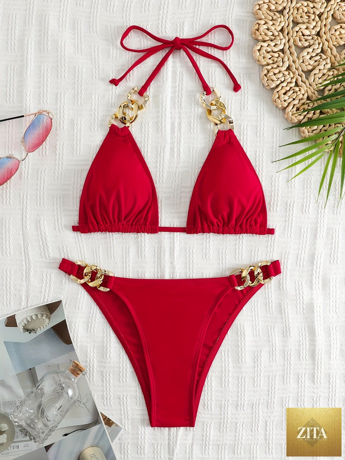 Stevvex Luxe Chain Link Triangle Halter Bikini Set with V neck, lace-up tie back, solid color, high stretch nylon blend, women's swimwear