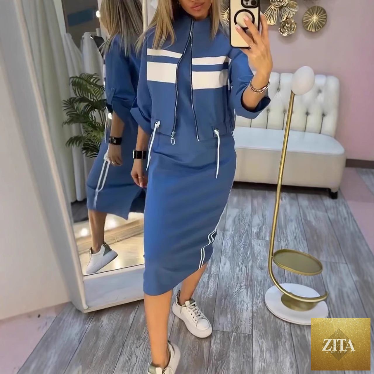 Women's Zip-Up Bomber Track Jacket & Bodycon Midi Dress Set