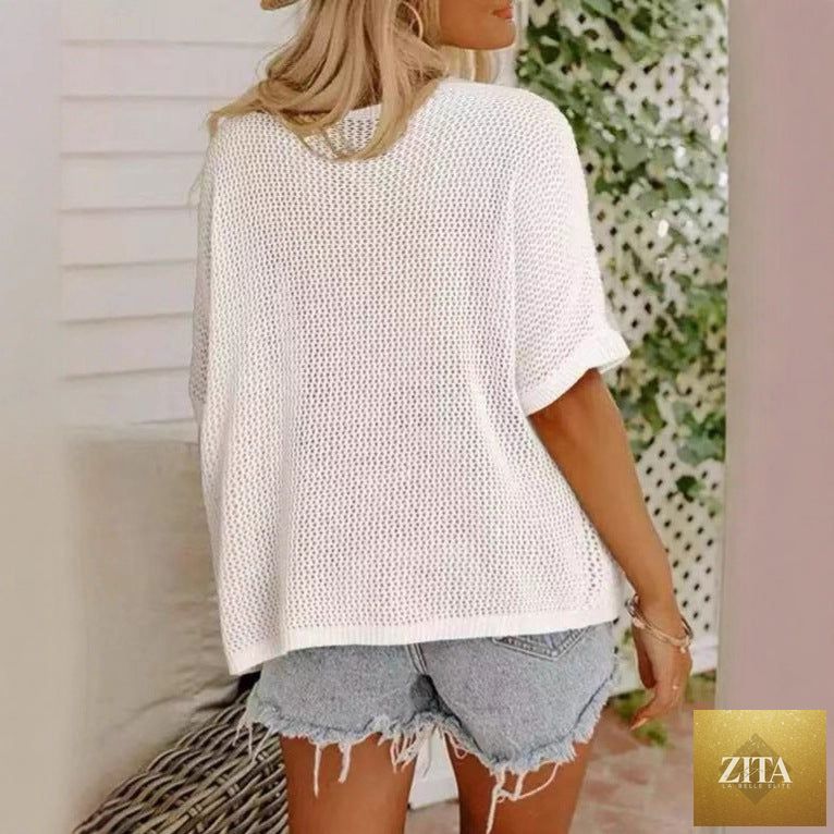 Women's hollow-out drop-shoulder loose knit top by Zita La Belle Elite, casualwear with stylish cut-out design and relaxed fit.