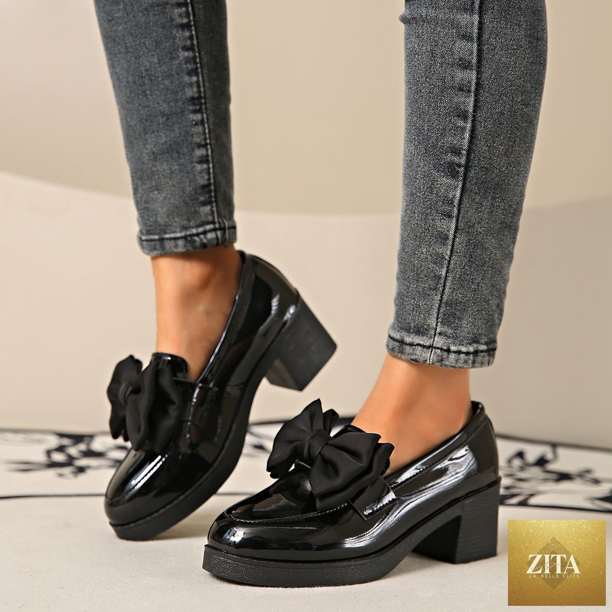 Women's FitiqueFit bowtie round toe low heel pumps in wide size, casual PU footwear with a stylish design and comfortable fit.