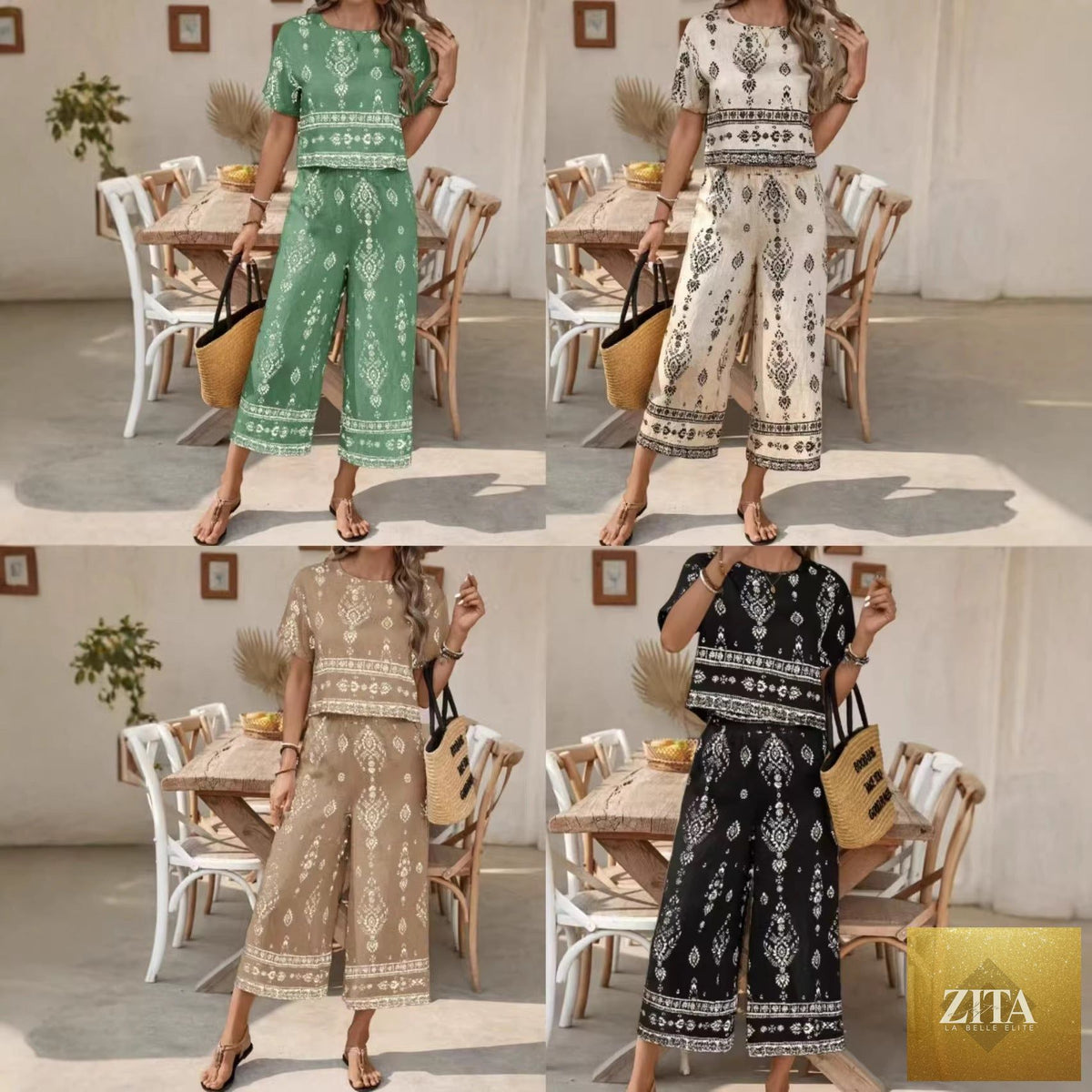 Women's ethnic print contrast two-piece set by Zita La Belle Elite, featuring a casual top and straight-leg pants.