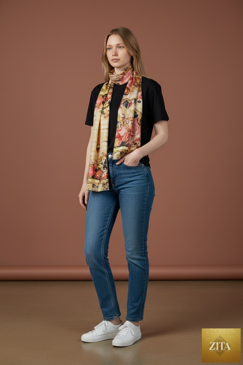Elegant ladies' time scarf by Anet's Collection LLC featuring intricate patterns and soft fabric in stylish design.