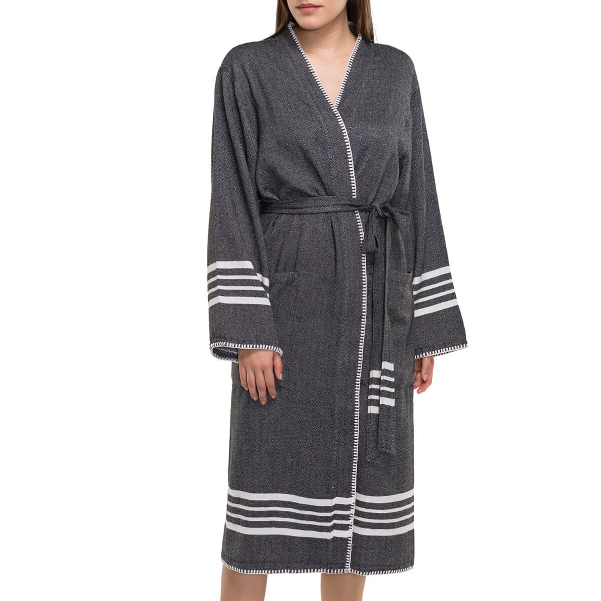 Black organic Turkish cotton kimono bathrobe by buldano, lightweight spa and home Turkish towel robe on a model.
