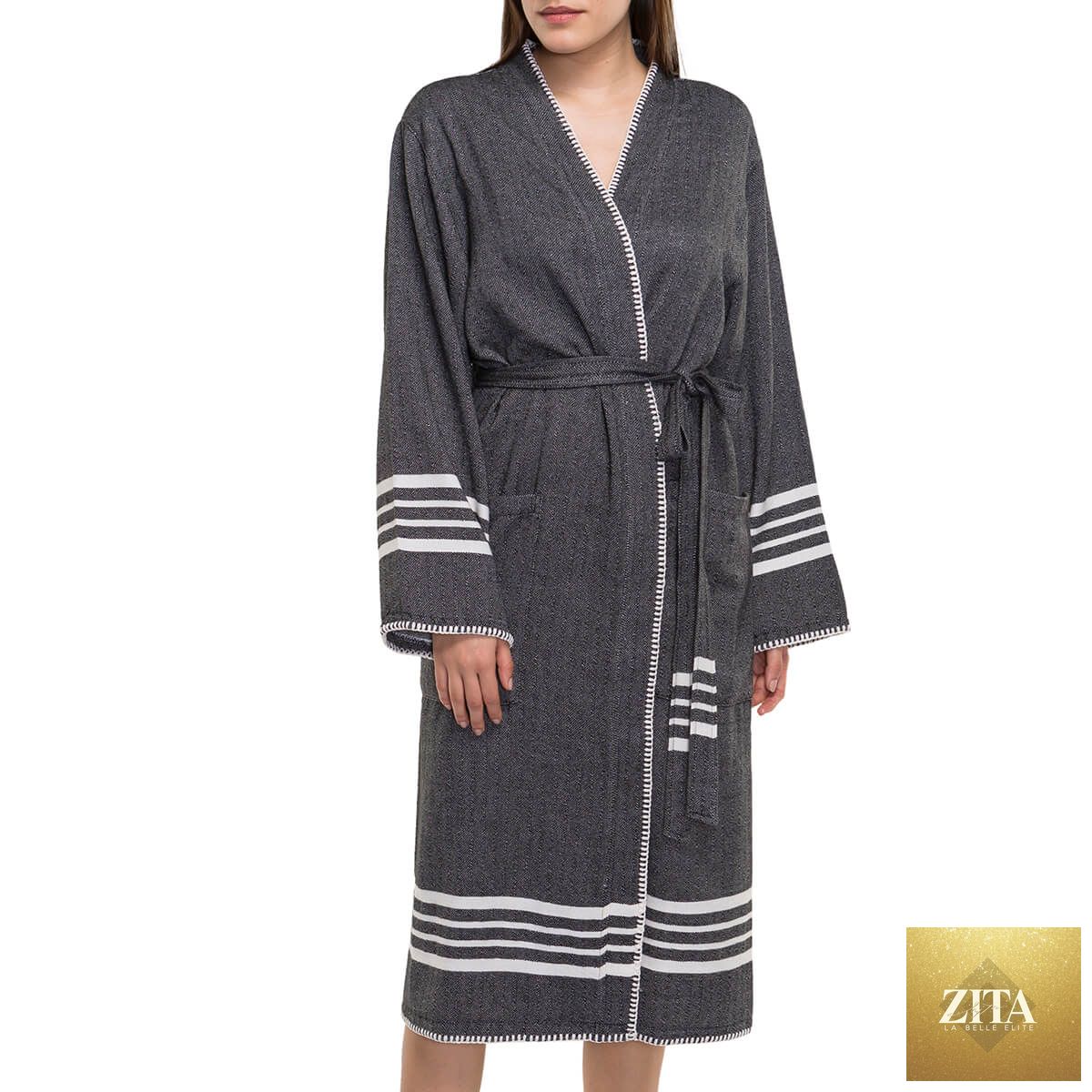 Black organic Turkish cotton kimono bathrobe from Zita La Belle Elite, lightweight Turkish towel spa and home robe.