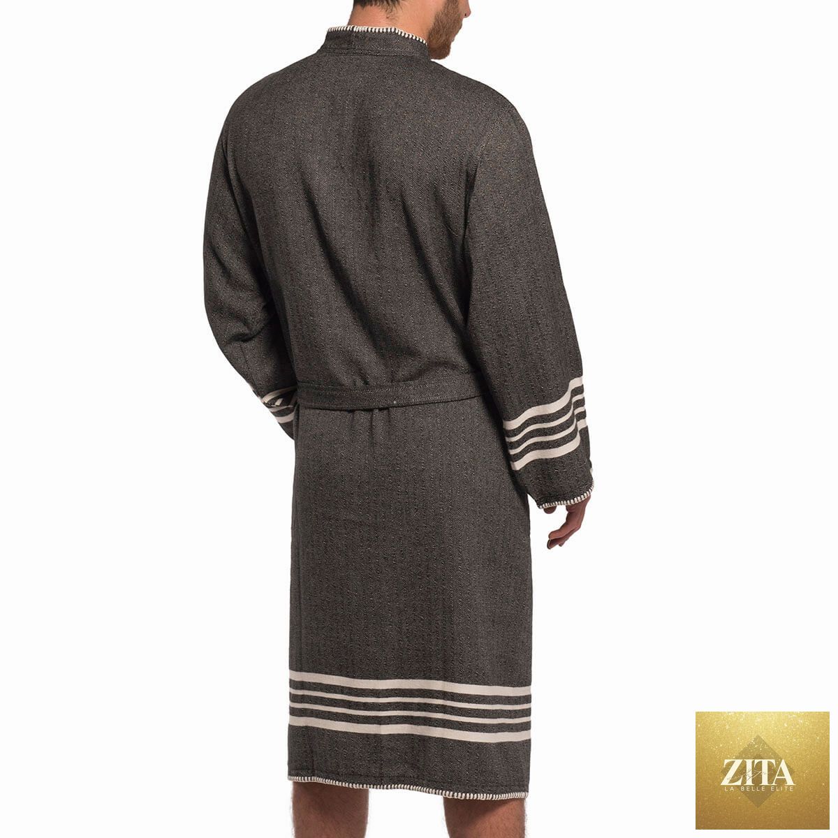 Black organic Turkish cotton kimono bathrobe by Zita La Belle Elite, lightweight spa and home Turkish towel robe, front view.