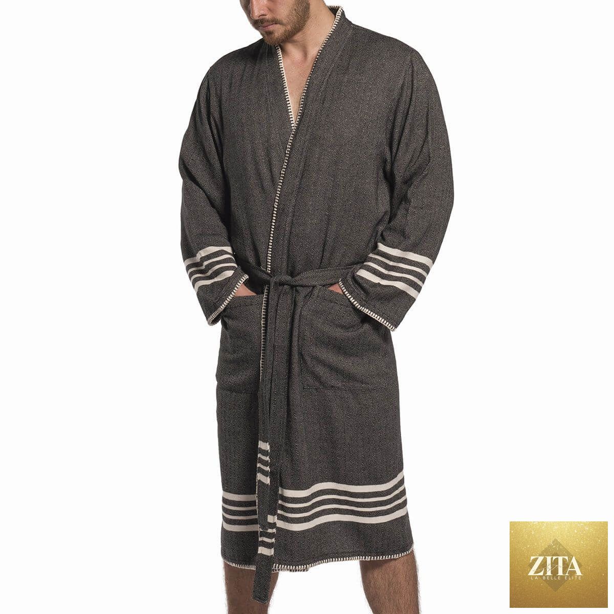 Black organic Turkish cotton kimono bathrobe by Zita La Belle Elite, lightweight spa and home Turkish towel robe.