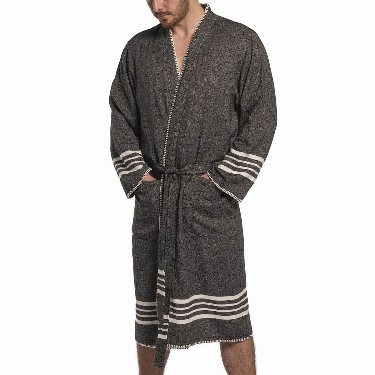 Black organic Turkish cotton kimono bathrobe by buldano, lightweight spa and home Turkish towel robe with soft, plush texture.