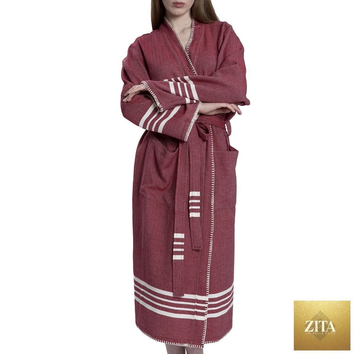 Zita La Belle Elite organic Turkish cotton kimono bathrobe in burgundy, lightweight spa and home Turkish towel robe.