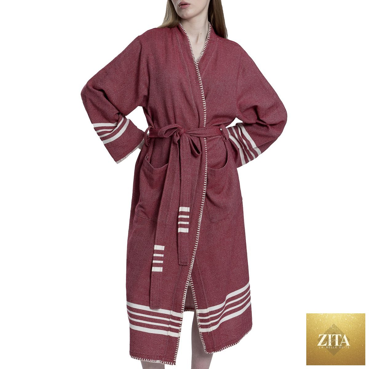 Zita La Belle Elite organic Turkish cotton kimono bathrobe in burgundy, lightweight spa and home Turkish towel robe.