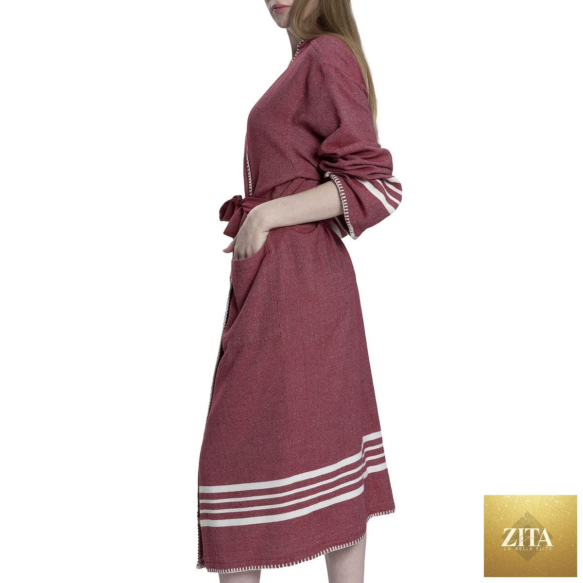 Zita La Belle Elite organic Turkish cotton kimono bathrobe in burgundy, lightweight spa and home Turkish towel robe.