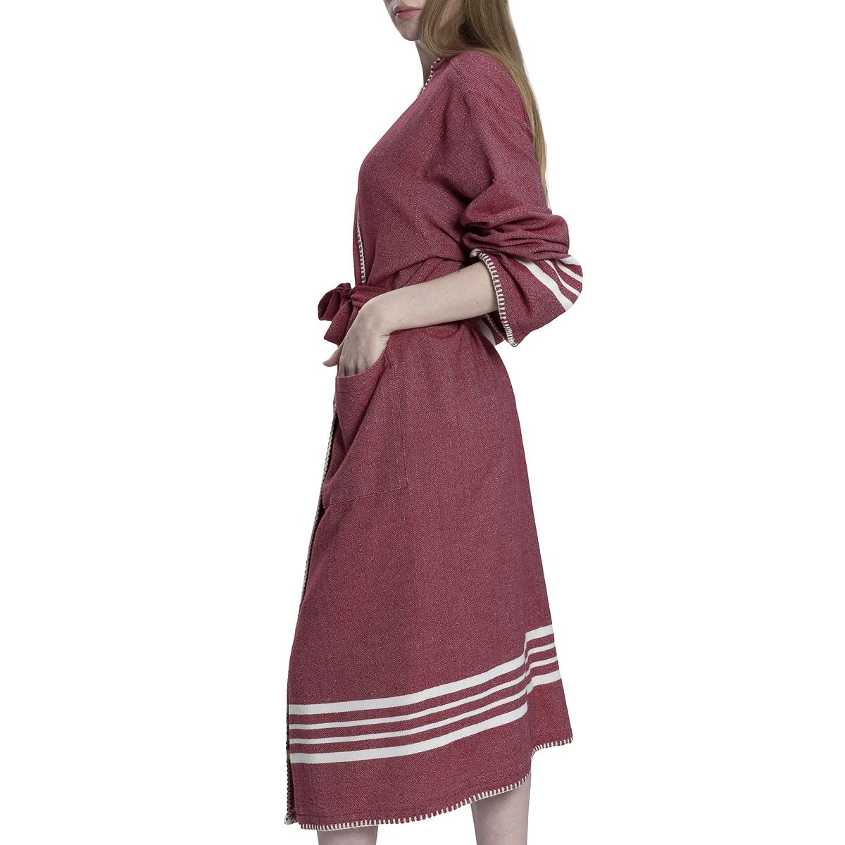 Buldano burgundy Turkish cotton kimono bathrobe, lightweight Turkish towel spa and home robe, soft and absorbent fabric.