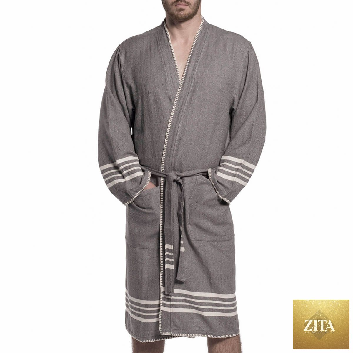 Dark grey Turkish cotton kimono bathrobe by Zita La Belle Elite, lightweight spa and home Turkish towel robe on a hanger.