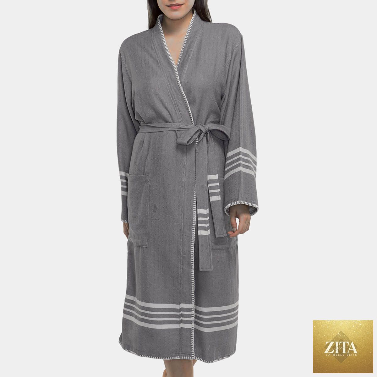 Dark grey organic Turkish cotton kimono bathrobe from Zita La Belle Elite, lightweight Turkish towel for spa and home use.
