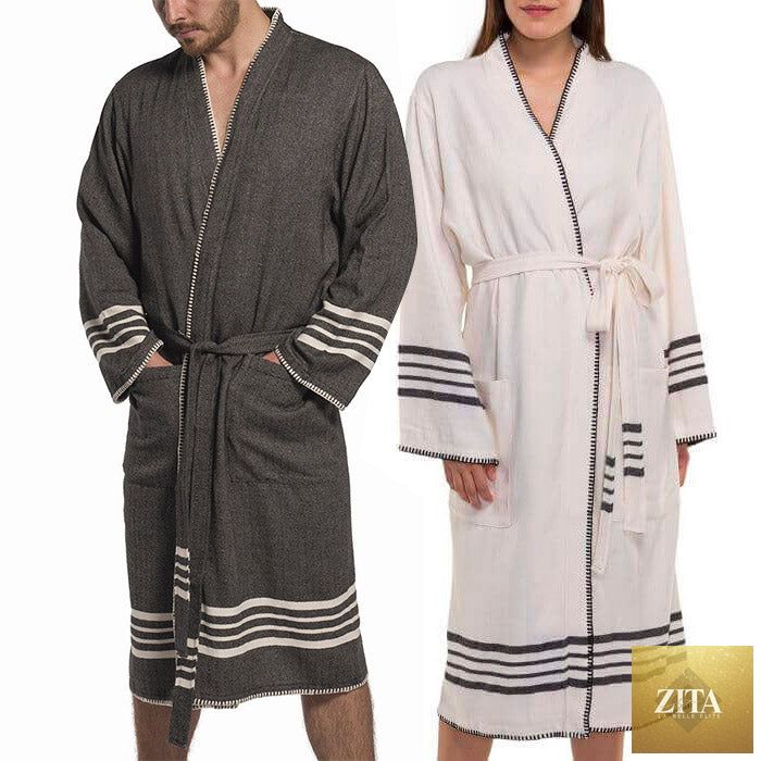 Zita La Belle Elite organic Turkish cotton kimono bathrobe draped over a hook, showcasing lightweight spa and home comfort.