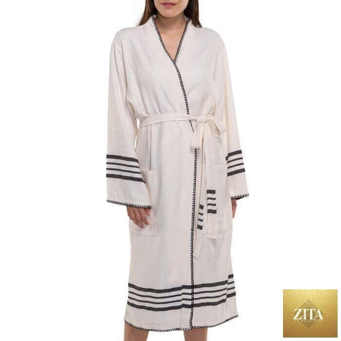 Zita La Belle Elite organic Turkish cotton kimono bathrobe, lightweight spa and home robe, in natural and black colors, hanging on a hook.