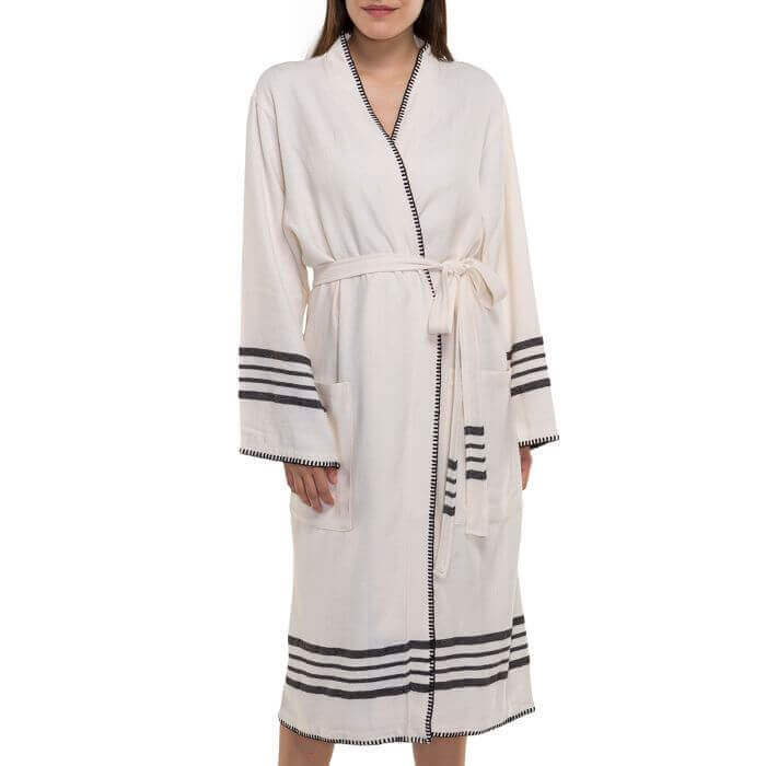 Organic Turkish cotton kimono bathrobe by buldano, lightweight Turkish towel design, black and natural color, cozy spa and home robe