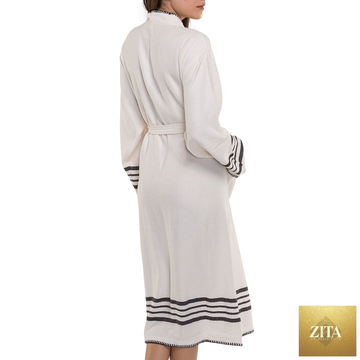 Organic Turkish cotton kimono bathrobe by Zita La Belle Elite, lightweight Turkish towel-style spa and home robe in natural black.