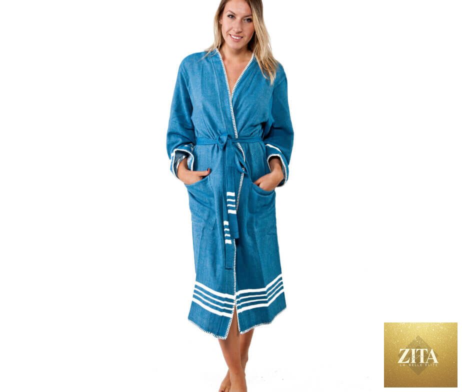 Organic Turkish cotton Kimono bathrobe by Zita La Belle Elite, lightweight spa robe in petrol, showcasing soft fabric and relaxed fit.