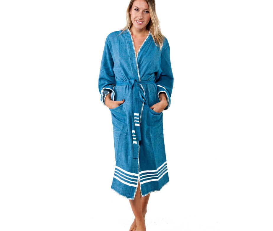 Turkish towel bathrobe by buldano in petrol, lightweight organic Turkish cotton kimono-style spa and home robe.