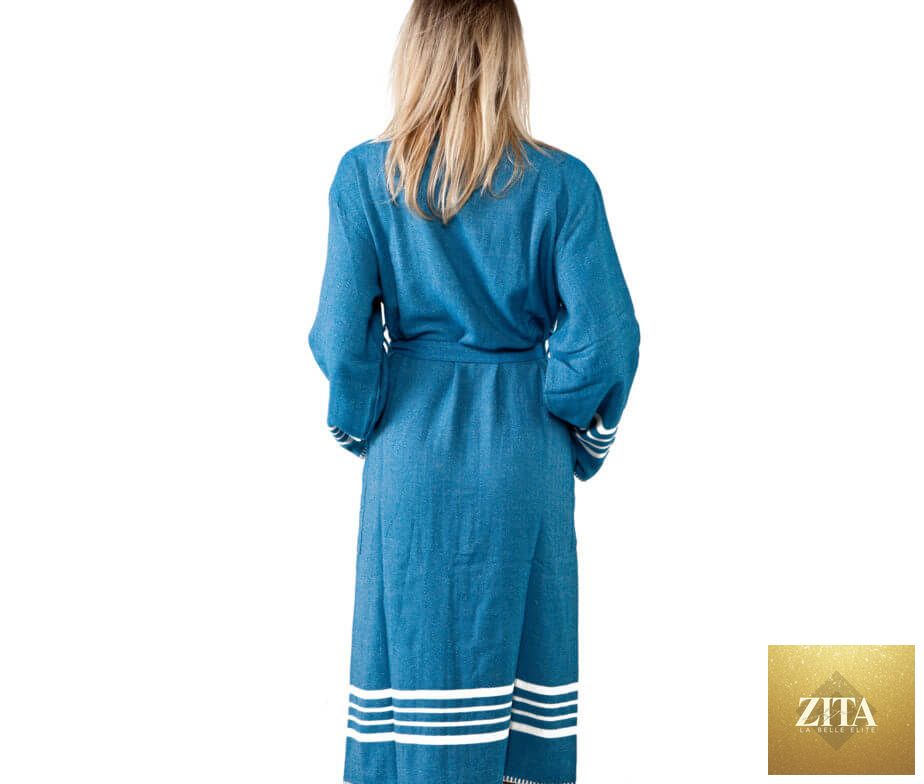 Turquoise Zita La Belle Elite organic Turkish cotton kimono bathrobe hanging, lightweight spa and home Turkish towel.