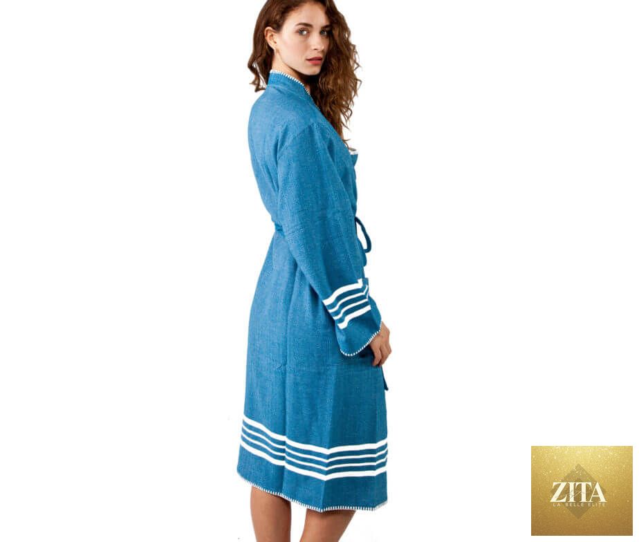 Turkish Turkish Cotton Kimono Bathrobe in petrol, lightweight spa and home robe by Zita La Belle Elite, draped on a hanger.