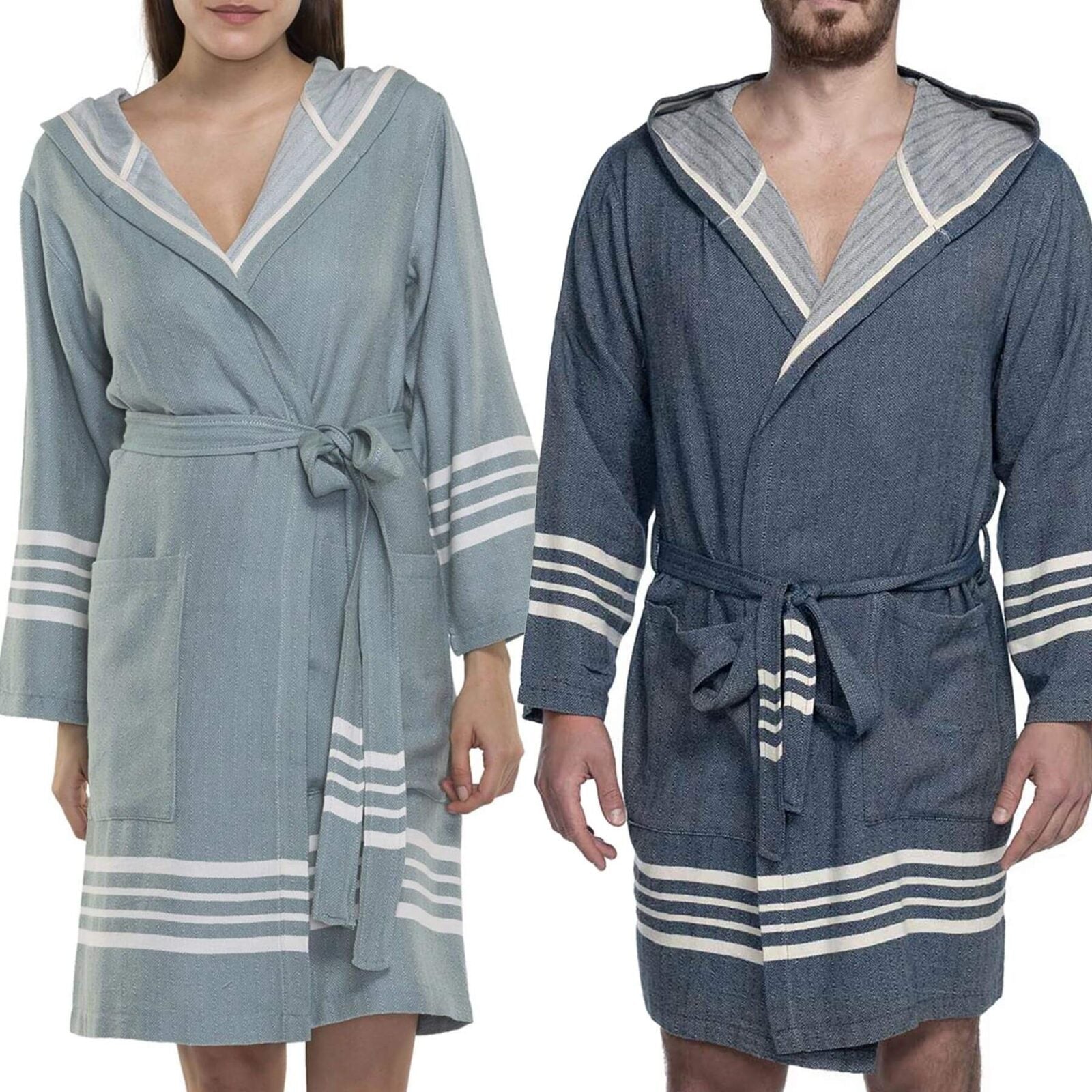 Organic Turkish cotton short bathrobe with hood, lightweight and absorbent Turkish towel by Buldano, shown hanging on a hook.